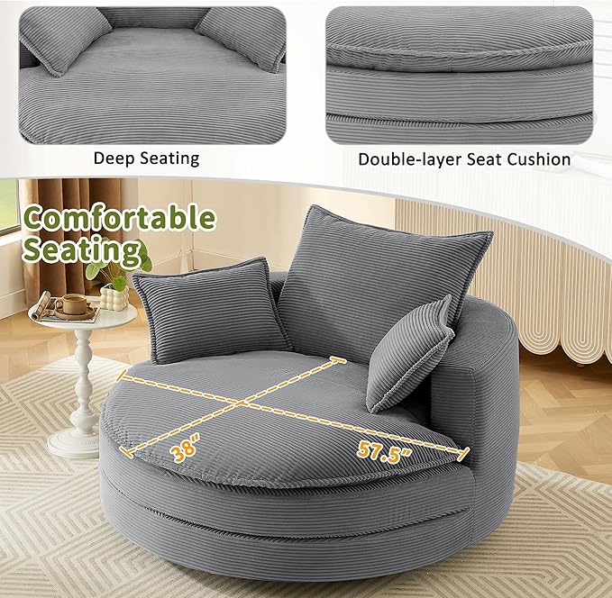 Eafurn 57.5 Oversized Swivel Barrel Chair with Dual-Layer Cloud Cushion Modern Corduroy Accent Round Chair for Living Room 360° Rotating Lounge Armchair with 3 Pillows for Bedroom &amp Reading Noo