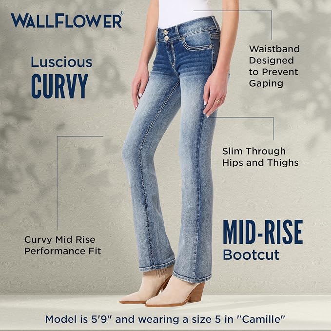 WallFlower Luscious Curvy Bootcut Jeans for Women Mid-Rise Insta Stretch Denim Size-Inclusive Juniors Jeans