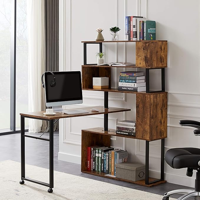 Home Office Computer Desk L Shaped Corner Table Rotating Computer Table with 5 Tier Bookshelf Four Installation Methods Lockable Casters (Tiger)