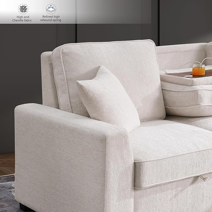 INSTORY Sectional Sleeper Sofa with Pull-Out Bed Drop-Down Table USB &ampType-C Port Cup Holders Beige
