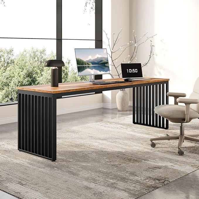 LITTLE TREE Two Person Desk 78.74 Extra Long Computer Desk for 2 People Rustic Brown Wooden Double Study Desk with Black Heavy Duty Metal Legs Large Business Workstation for Home Office