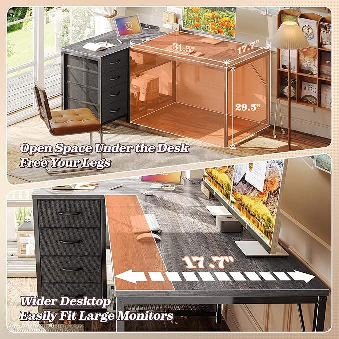 PRAISUN 43.3 Small Computer Desk with Power Outlets and USB-C Port Reversible L Shaped Corner Office Desk with 4 Fabric Drawers and 2 Height-Adjustable Shelves for Gaming Writing Grey