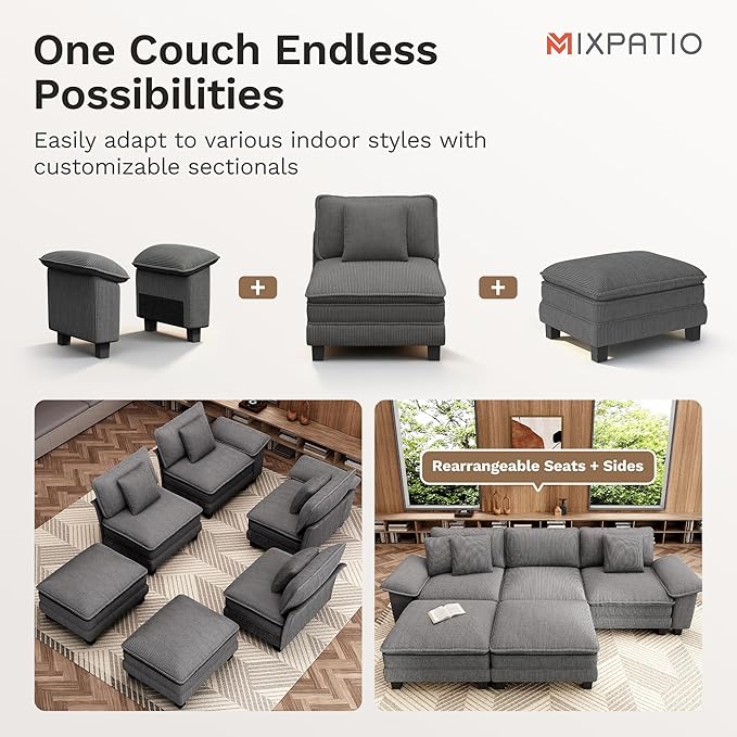123-Inch L Shaped Sectional Sofa with Cloud Cushions Deep Seat Modular Couch Set w/ 4 Seats &amp 1 Ottomans Removable Arms Plush Corduroy Upholstery for Living Room Apartment - Gray