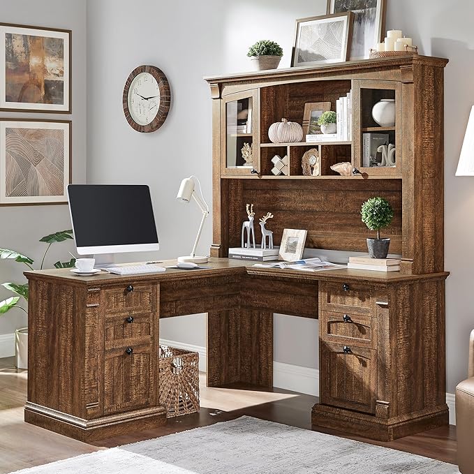 OKD Farmhouse Hutch for 60 Executive Desk Office Desk Storage Cabinet with Glass Doors and Shelves Top Hutch Organizer for Home Office - Reclaimed Barnwood