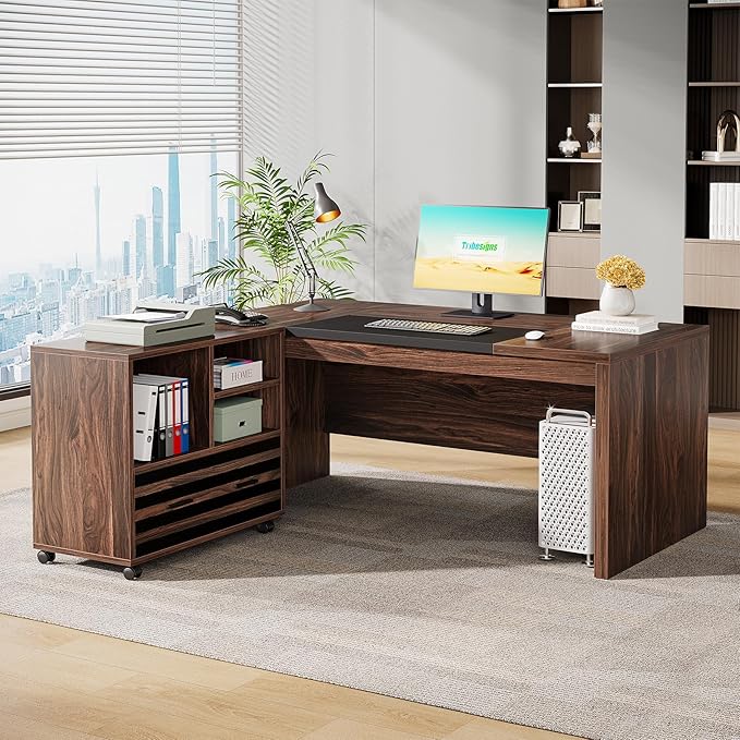 Tribesigns 62.2 Executive Desk with Mobile File Cabinet L-Shaped Office Desk with Storage Shelves Large Computer Table Business Workstation Set for Home Office Dark Brown