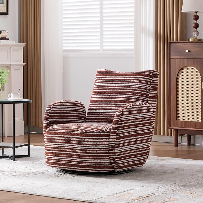 Modern Boucle Upholstered Accent Swivel Barrel ChairLeisure Club Lounge Chair with Sand-Rimmed Fabric and Metal Bracket for Living Room Bedroom Home Office (Red Boucle)