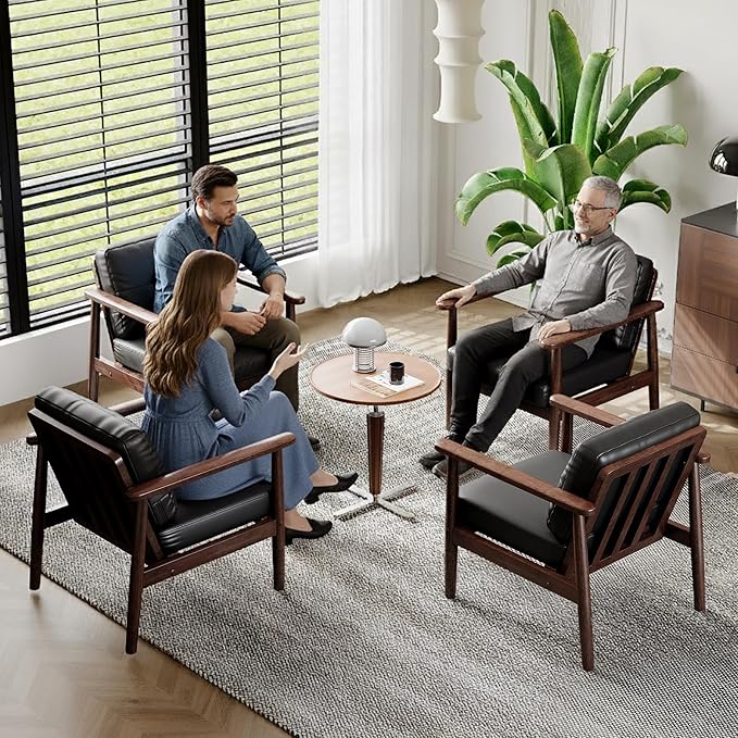 STHOUYN Mid Century Modern Chair PU Leather Accent Chair with Wood Arms Living Room Chairs Reading Armchair for Bedroom Waiting Room Office