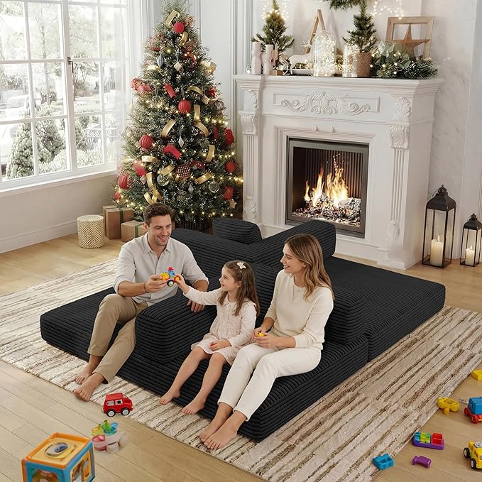 4-in-1 Foldable Sofa Bed Teddy Foam-Filled Compressed Couch Loveseat Sofa Boneless Foldable Convertible Sleeper Sofa Couch for Space Saving Living Room Guest Bed Playroom (Black 53.15Double Sofa)