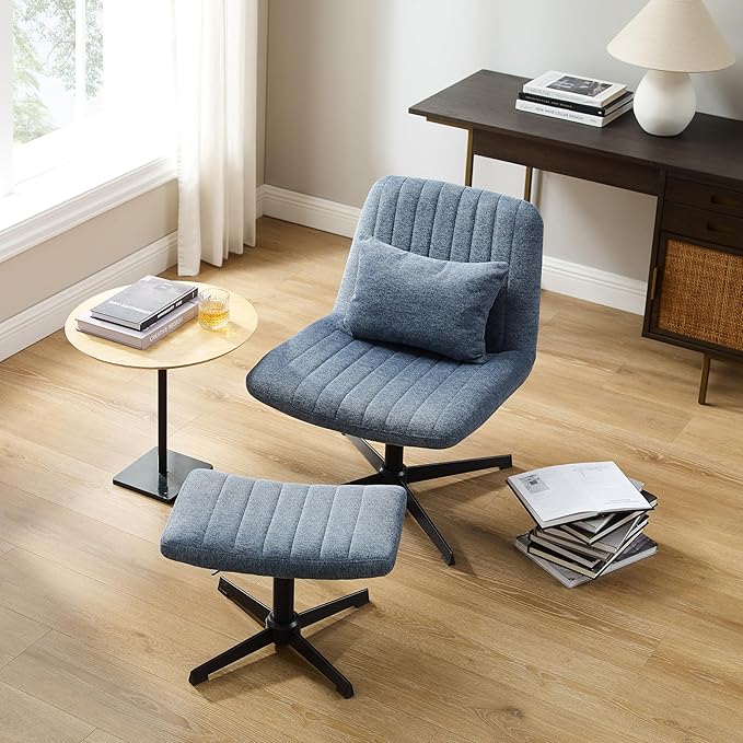 Art Leon Desk Chair No Wheels - with Ottoman and Lumbar Pillow Armless Office Chair No Wheels Criss Cross Chair Modern Swivel Height Adjustable Wide Seat Computer Task Vanity Chair Indigo Linen