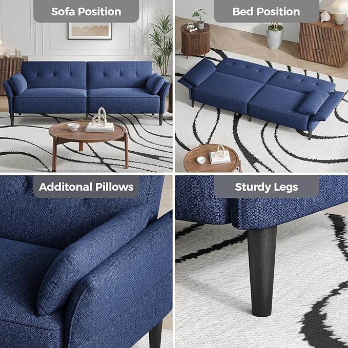 89” Futon Sofa BedComfy Futon Couch Bed with 2 Square PillowsConvertible Sleeper Sofa with Adjustable Backrest&amp Armrests Modern Loveseat Sleeper for Living Room Bedroom Linen Blue