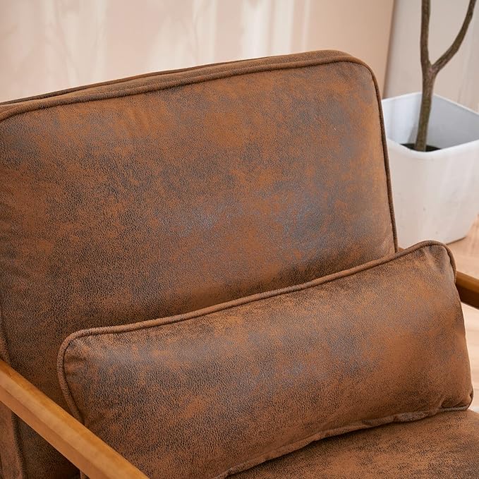 Karl home Accent Chair Mid-Century Modern Chair with Pillow Bronzing Cloth Upholstered Lounge Arm Chair with Solid Wood Frame &amp Soft Cushion for Living Room Bedroom Balcony Brown