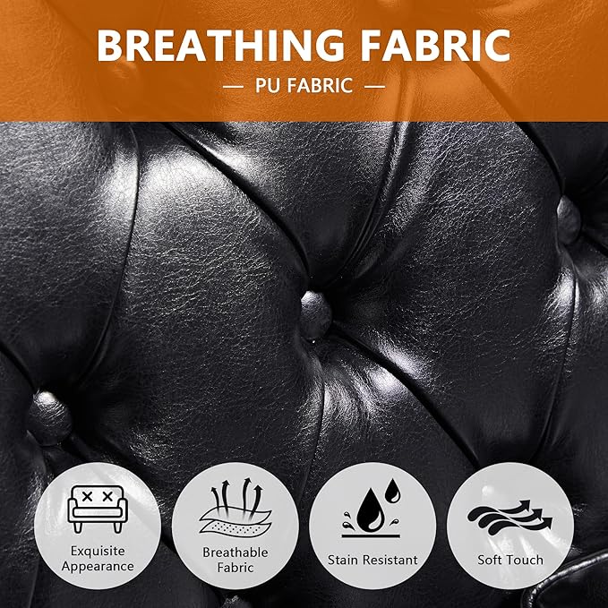 AVZEAR 3 Seater Large Sofa Chesterfield Sofa Set 80 Mid-Century Modern PU Sofa Upholstered Couch with Nailhead Trim and Button Tufted for Living Room Office Bedroom Black