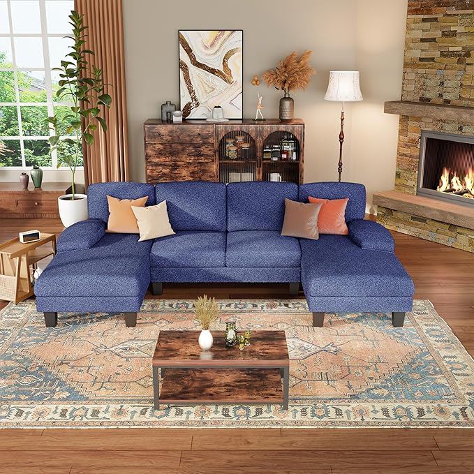 YESHOMY Sectional Couch for Living Room Modern Cloud Couch with Deep Seat and Chaise U-Shaped Sofa Couches with Padded Armrest for Small Apartment (Loop Yarn Blue)
