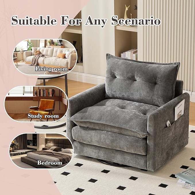 36.2” Swivel Accent Chair with Side Pockets Mid Century Modern Armchair with Solid Metal Base Comfy Single Sofa Chair 360 Degree Swivel Barrel Chairs for Living Room Bedroom (Gray)