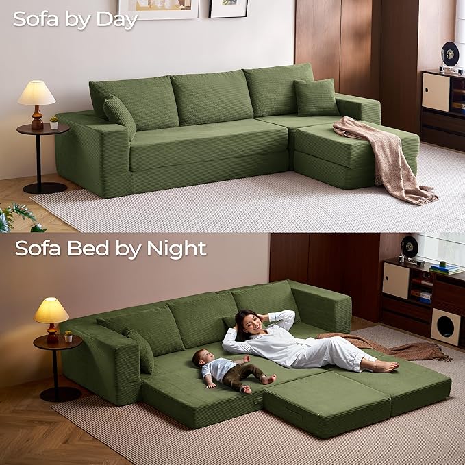 LINSY HOME Oversized Convertible Sofa Bed with 2 Pillows &amp Ottoman Corduroy Boneless Couch Folding Modular Sleeper Sofa L Shaped Couch Floor Sofa for Living Room Apartment Upgrade Backrest (Gre