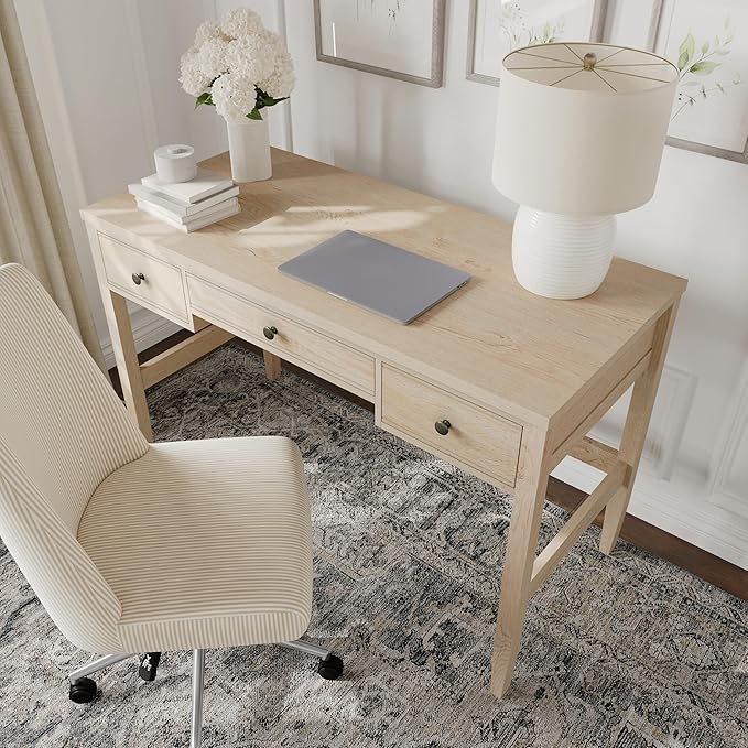 Martha Stewart Rhett Writing Desk with 3 Drawers and Tapered Legs in Light Natural with Antique Bronze Hardware