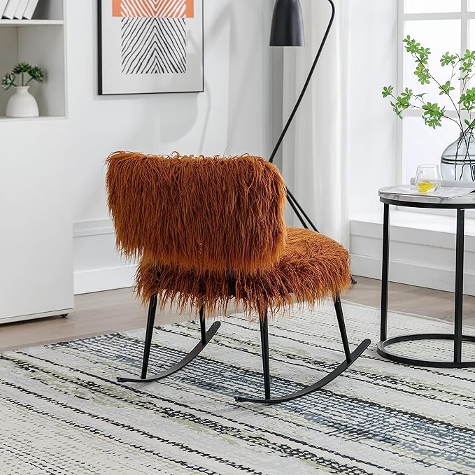 Faux Fur Rocking Chair Modern Comfy Faux Fur Accent Nursery Chair Baby Nursing Chair Accent Rocking Chair for Bedroom Living Room Home StudioNursery Room Lounge Caramel