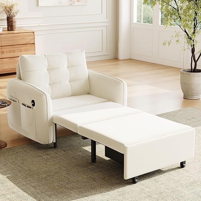 3-in-1 Convertible Sleeper Chair Bed Multi-Functional Chenille Single Sofa Bed with Storage Pockets and Box 80 Extra Long Pull Out Sleeping Lounge Chair for Living Room &amp Apartment (Beige35)
