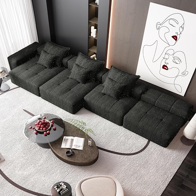 184'' Cloud Couch Modular Sectional Sofa with Ottoman Chenille Oversized Compression Boneless Sofa 6 PC DIY Combination Sleeper Chaise Longue Minimalist Couches for Living Room Black