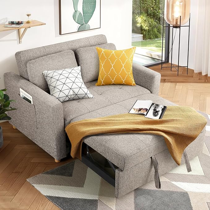 SEJOV 3 in 1 Folding Convertible Sofa Bed Futon Couches with Side Pocket Adjustable Backrest Linen Fabric Loveseat Sleeper Sofa for Living RoomBedroomApartment and Small SpaceBrown Grey