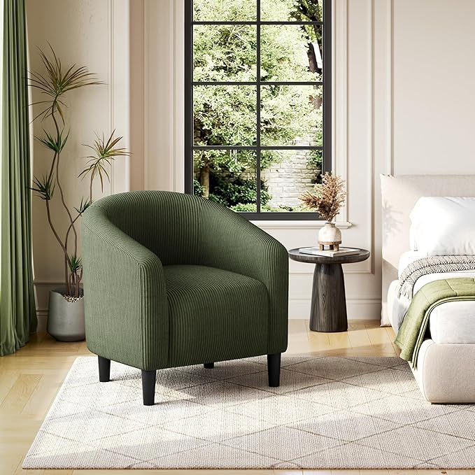 Yaheetech Accent Barrel Chair Corduroy Fabric Club Chair Furry Sherpa Elegant Armchair with Cozy Soft Padded Suitable for Living Room Bedroom Reception Room Office Dark Green