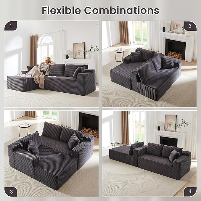 103'' Modular Sectional Sofa with Deep Seat Comfy L Shaped Couch Modern Cloud Couch with Oversized Chaise Corduroy No Assembly Required for Living Room Bedroom Dark Grey