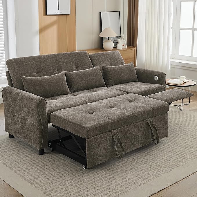 Merax 2-in-1 Convertible Sofa Bed &amp Recliner Sofa 82 3-Seater Sofa Pull-Out Sleeper Sofa 3 Level Adjustable Backrest Reversible Left/Right with USB Charging Ports Easy to Assemble (Dark Gre