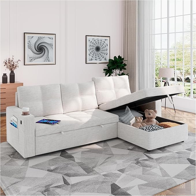85 Inch Modular Sectional Sleeper Sofa Bed with StorageL Shaped Sectional Couches Bed with Pull Out Couch BedUSB ChargingCup Holders and Side Pocketsfor Living Room/Office/Apartment