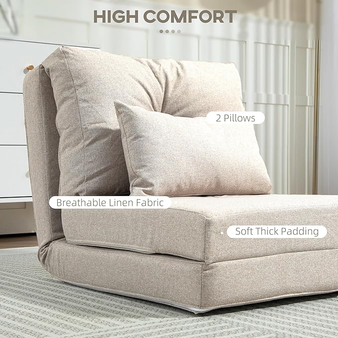 HOMCOM Convertible Flip Chair Floor Lazy Sofa Folding Upholstered Couch Bed with Adjustable Backrest Metal Frame and Pillows for Living Room Bedroom Beige