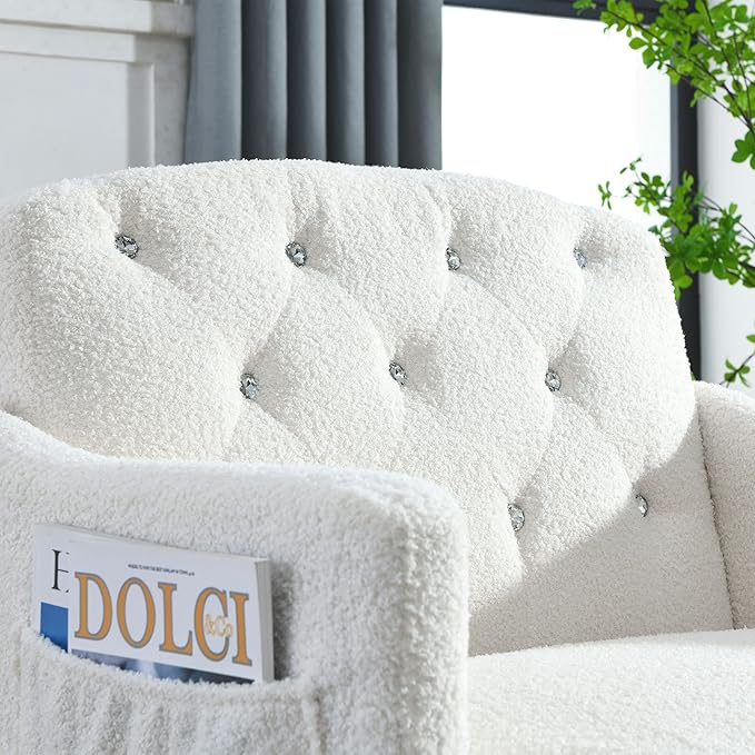 30 W Modern Chesterfield Tufted Upholstered Chair with Deep Buttons Living Room Chair Comfortable Armchair Gold Hardware Legs Tufted Chair for Reading or Relaxing White Teddy