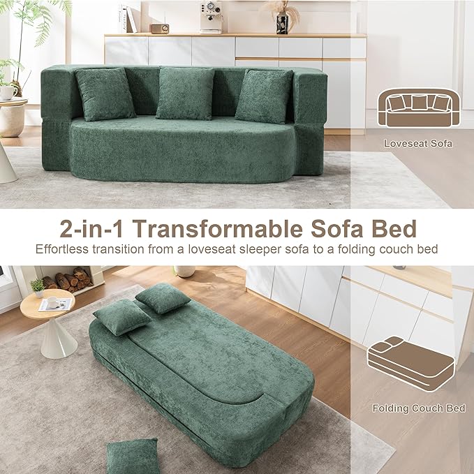 2 in 1 Convertible Sofa Bed 78.8 Modern Loveseat Sofa Couch Curved Folding Sleeper for Living Room Apartment Small Space No Assembly Required Green