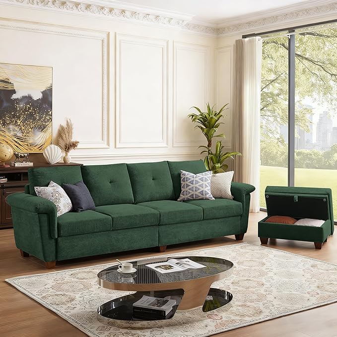 108 Sectional Sofa Convertible L Shaped Sofa with Ottoman and Large Storage 4 Seat Sectional Couch with Cup Holder Couches for Living Room Apartment Office (Green)