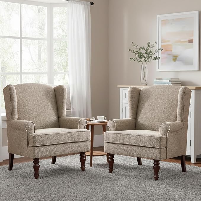 HUIMO Printed Wingback Accent Chair Linen Upholstered High Back Armchair Comfy Reading Chair for Living Room Bedroom Study 300lbs Weight Capacity (2 Brown with Lines)