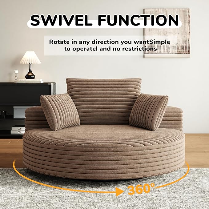 TTK 55” Oversized Corduroy Swivel Chair Fluffy 360° Rotating Sleeper Armchair with Pillows &amp Headrest Full Foam Barrel Chair for Living Room Bedroom Reading Nook Lounge or Apartment Brown