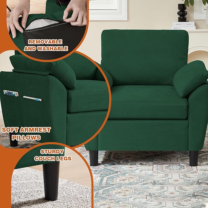 3 Pieces Sectional Sofa Set 79 Modern L Shaped Couch &amp 57 Loveseat &amp 35 Accent Chair Linen Upholstered Sofa Set with Movable Ottoman Couches for Living Room Apartment Green
