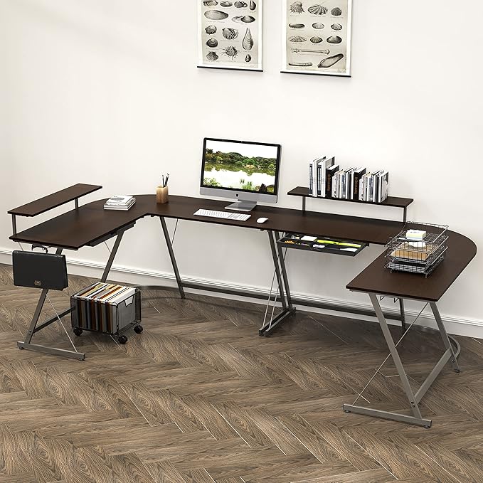 SHW 51 x 51 Inches Vista L-Shaped Desk with Monitor Stand and Drawer Espresso