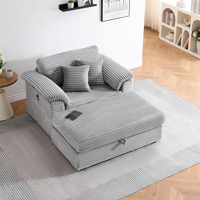 KEIKI 47.24 inch Corduroy Sofa Wide Corduroy Armchair with Storage Feet and 2 Throw Pillows Sleeper Couch for Living Room Apartment Salon Home Theater Gray