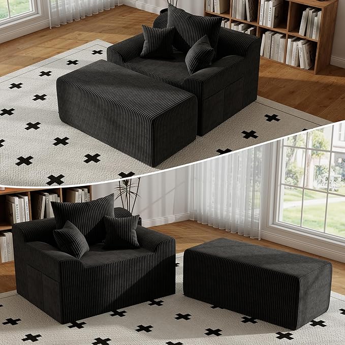 LSSBOUGHT 60'' Chaise Lounge Chair Indoor Oversized Upholstered Sofa Bed Sleeper Couch Reading Chairs Plush Corduroy Fabric Sofas Couches for Living Room (Black)
