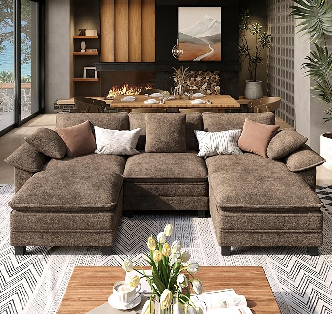 U Shaped Modular Cloud Couch 123.6'' Comfy Chenille Sectional Sofa with Wider Armrest and Ottoman Upholstered 5-Seat Modern Deep Seat for Bedroom Living Room Taupe