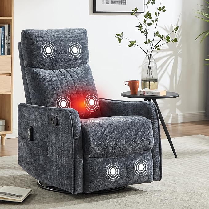 Small Swivel Rocker Recliner Chair for Nursery Heat &amp Massage Manual Upholstered 360° Fabric Glider Chair Small Recliners for Small Spaces Living Room (Blue)