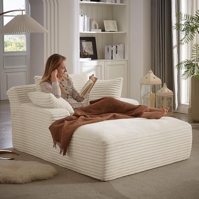 49.2 Oversized Chaise Lounge Chair IndoorCorduroy Boneless Reading Chair with 3 PillowsDeep Seat Cloud Sofa BedComfy Modern Sleeper Chairs in Box for Living Room BedroomNo Assembly(White)