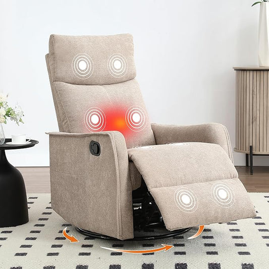 Manual 360° Swivel Rocker Recliner Chair for Adults Overstuffed Glider Chair for Nursery with Vibration Massage and Heat Comfy Soft Fabric Glider with Side Pockets for Living Room Khaki