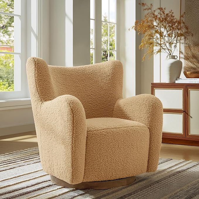 Modway Montrose Swivel Wingback Accent Chair in Camel Walnut Sherpa Teddy Fabric – Modern Furry Barrel Chair with 360-Degree Swivel Base – Soft and Comfy Living Room Chair