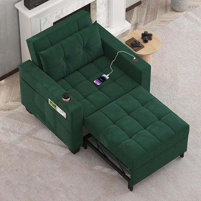 DURASPACE Pull Out Sofa Bed 3-in-1 Convertible Sofa Sleeper Chair Bed with USB Cup Holder Adjustable Armchair Beds for Small Spaces Apartment Living Room Office (Green Linen)