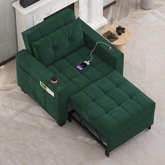 DURASPACE Pull Out Sofa Bed 3-in-1 Convertible Sofa Sleeper Chair Bed with USB Cup Holder Adjustable Armchair Beds for Small Spaces Apartment Living Room Office (Green Linen)