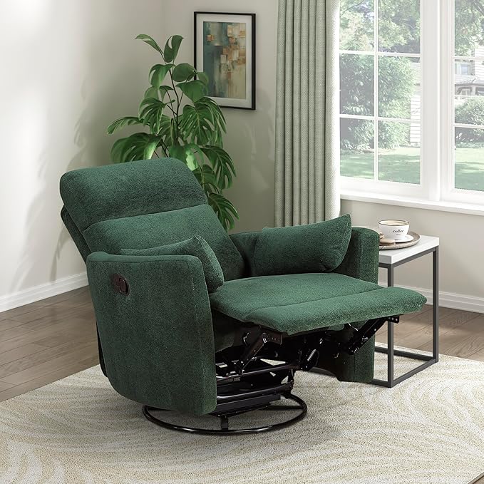 Lexicon Modern Swivel Glider Recliner Chair - Quiet 360 Swivel Chair Durable Microfiber Upholstered 2 Pillows Manual Reclining for Living Room Small Spaces Nursery Apartment Bedroom Green