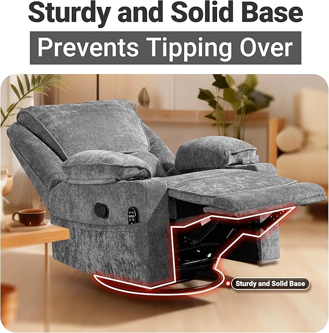 360° Swivel Rocking Recliner Multi-Functional Chair with Heating Massage Functions Equipped with Remote Control Cup Holder Suitable for Living Room &amp Bedroom Use Chenille Fabric