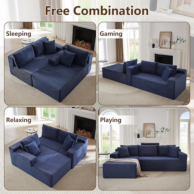 GNIXUU Cloud Sectional Couch with L-Shape Chaise Modern Modular Sofa with Deep Seat Comfy Corduroy Boneless Couches for Living Room Bedroom Apartments No Assembly Required Blue