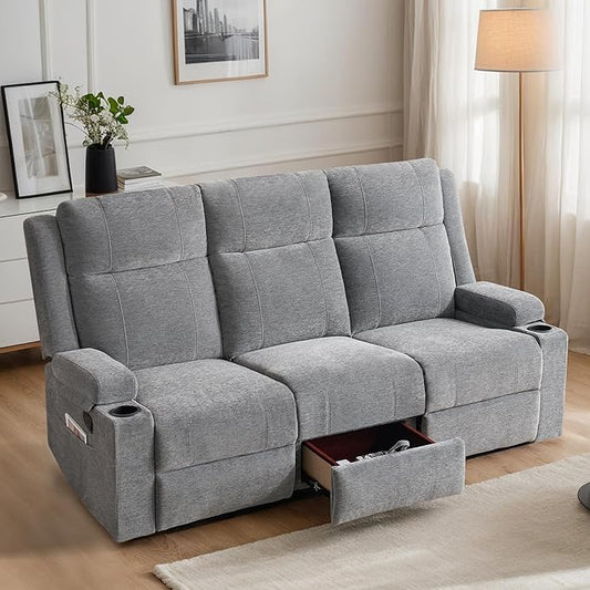 75'' Manual Reclining Sofa with Storage Drawer 3 Seat Wall Hugger Recliner Couch with Cup Holders Side Pockets Chenille Fabric Compact 3-Person Recliner for RV Living Room Apartment (Grey)