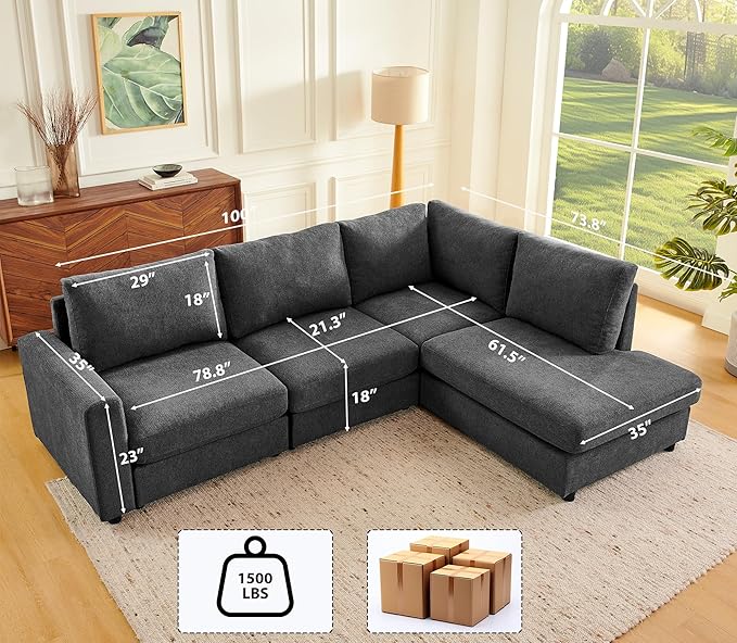 100 L-Shaped Couch with Reversible Chaise Chenille Modular Sectional Sofa 4-Seater Corner Couch for Living Room Apartment Dark Grey